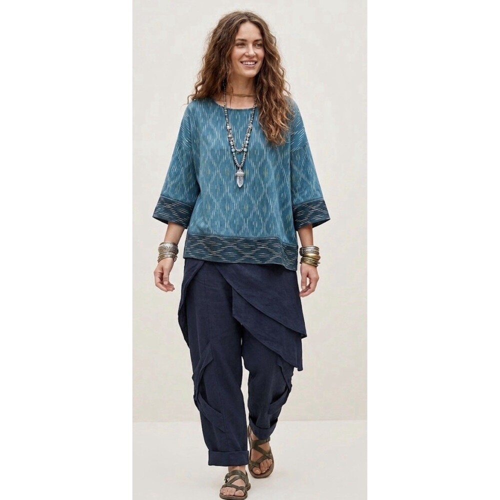 J Jill Pure Jill Blouse Womens 2X Blue Boxy Top Short Sleeve Lagenlook Boho Ikat